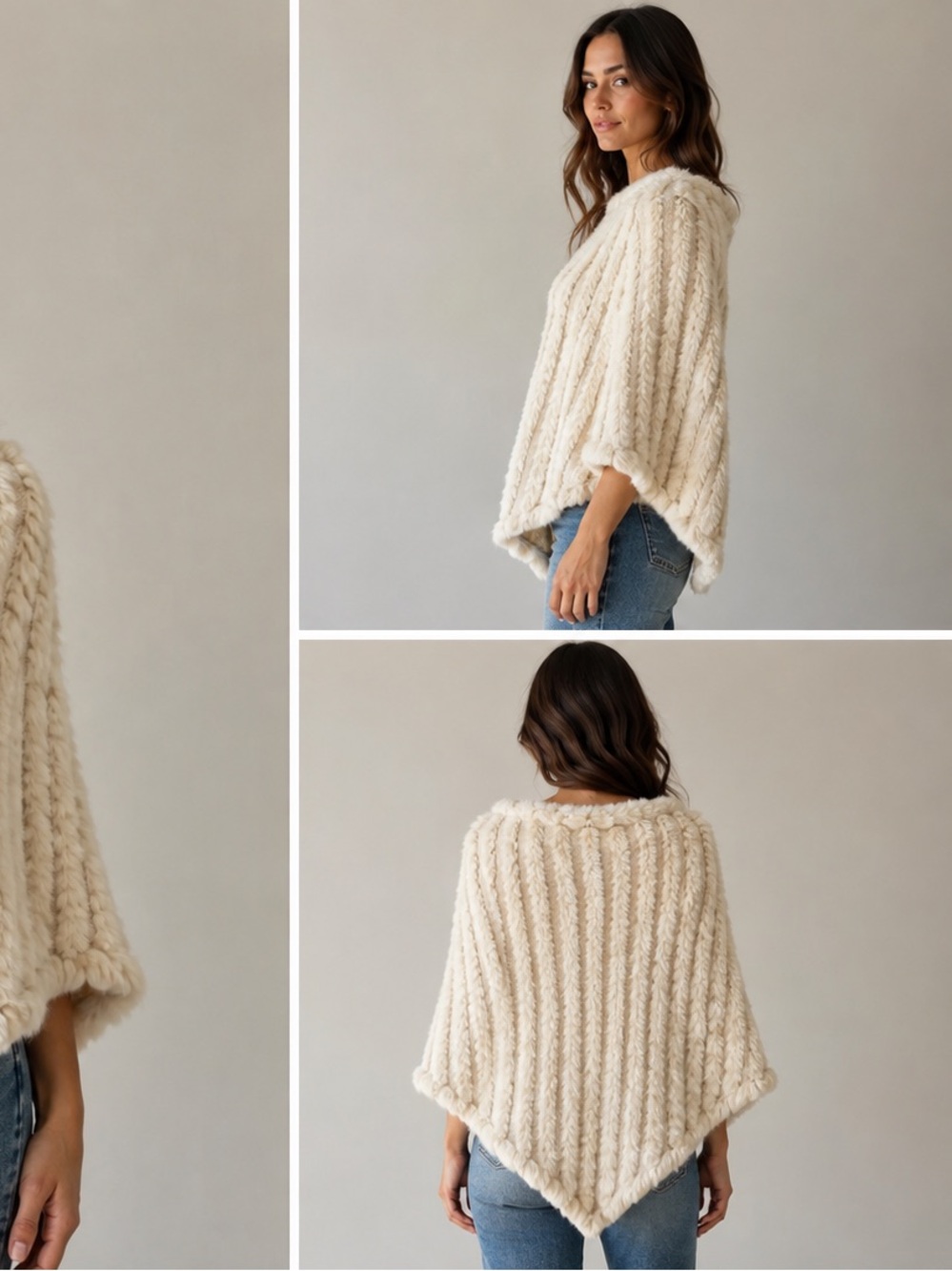 Cream Hooded Cable-Knit Poncho Sweater